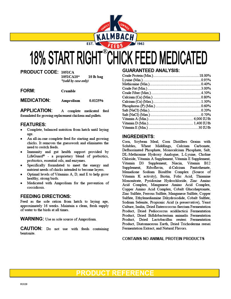 Kalmbach 18% Start Right Chick Feed (Medicated) 50lbs