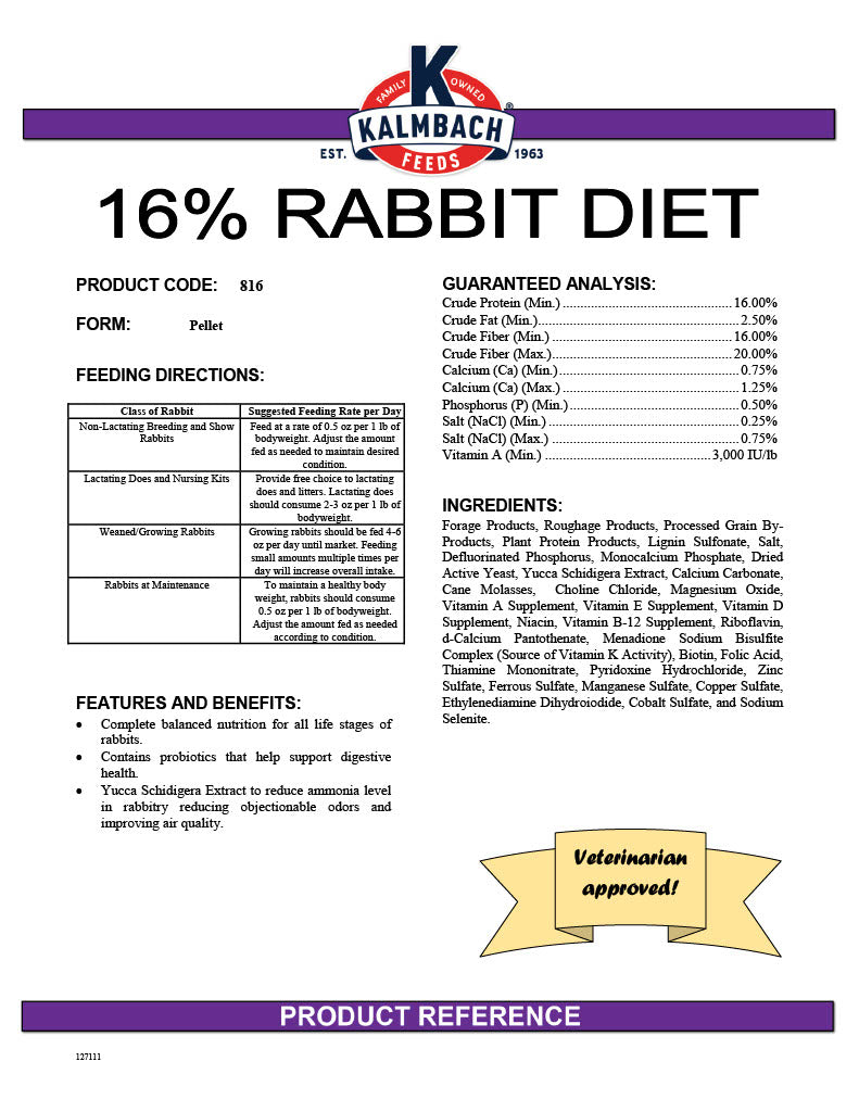 Kalmbach 16% Rabbit Pellet 50lbs